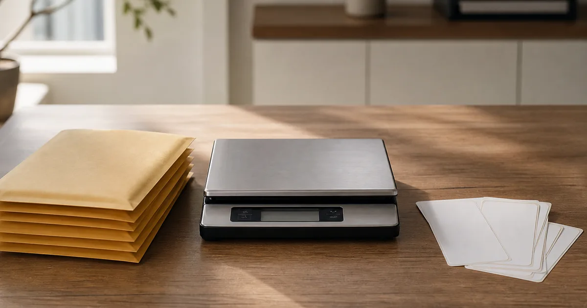 Close-up of manila folders and a stamped envelope with immigration paperwork stacked on a desk next to a laptop and a cup of coffee