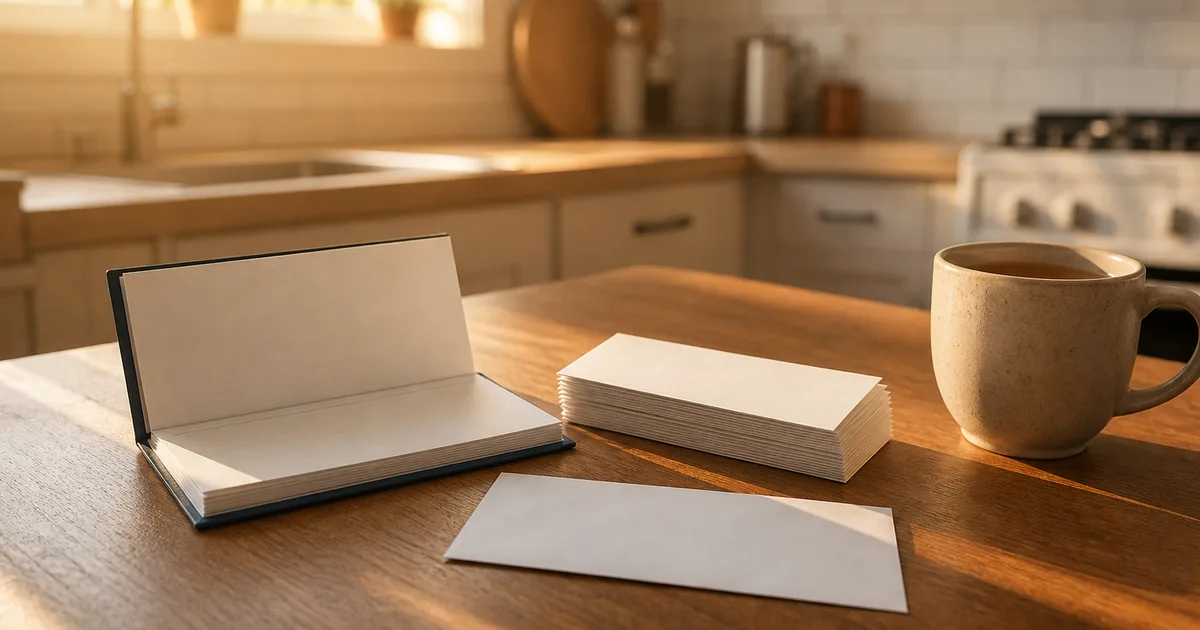 A person's hands sorting immigration paperwork and a checkbook next to a laptop at a home desk in soft morning light