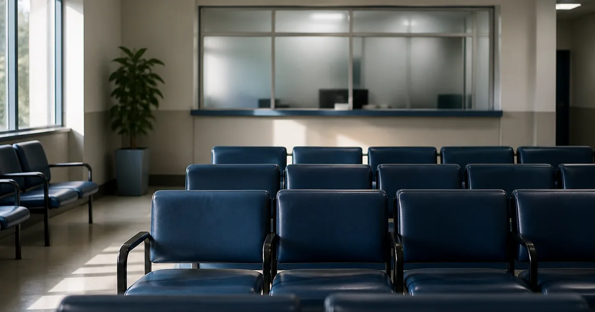 A visa applicant in business casual clothing waiting in a government office lobby with frosted glass doors and rows of chairs