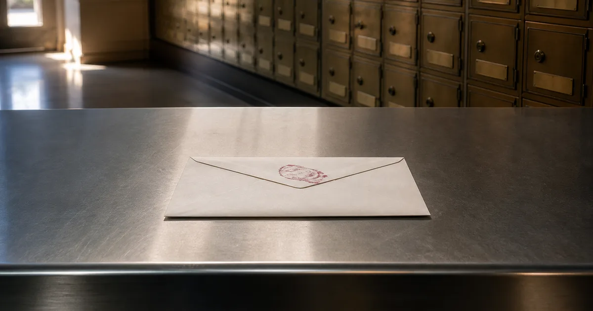 A stack of USCIS mail envelopes and a green card application folder on a home desk with a pen resting on top