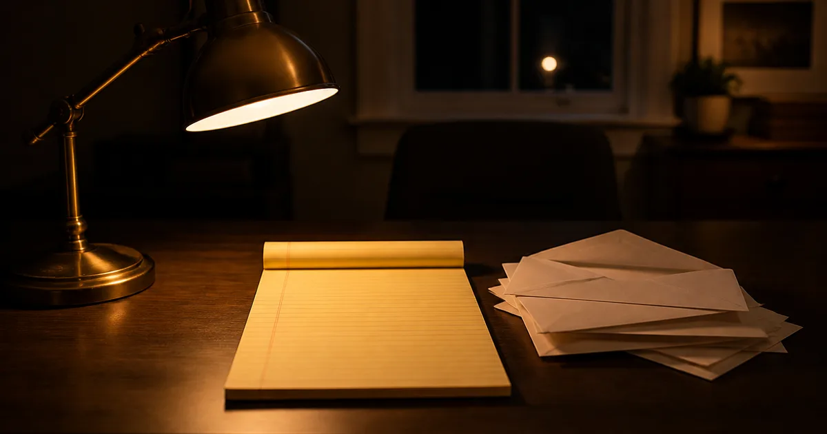 A person at a home desk reviewing an official mailed notice and paperwork beside a laptop, soft morning light through a window