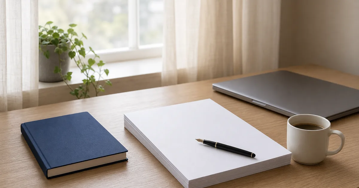 A quiet desk beside a window with a stack of unmarked printed pages, a black pen resting on top, and a cooling cup of coffee in early morning light