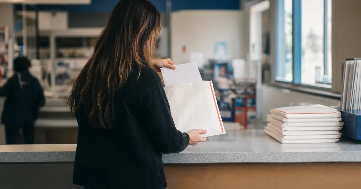 A person carefully placing documents into a priority-mail envelope at a post office counter under fluorescent lighting