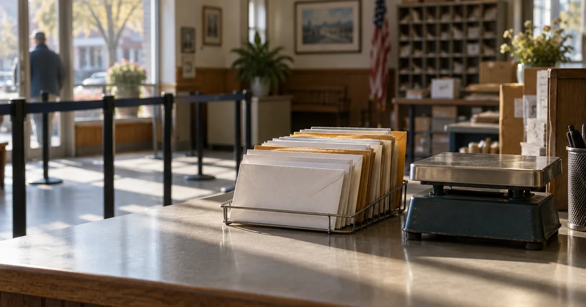 A small-town post office counter with a row of outgoing envelopes beside a postal scale, mid-morning light through the front windows, empty queue ropes in