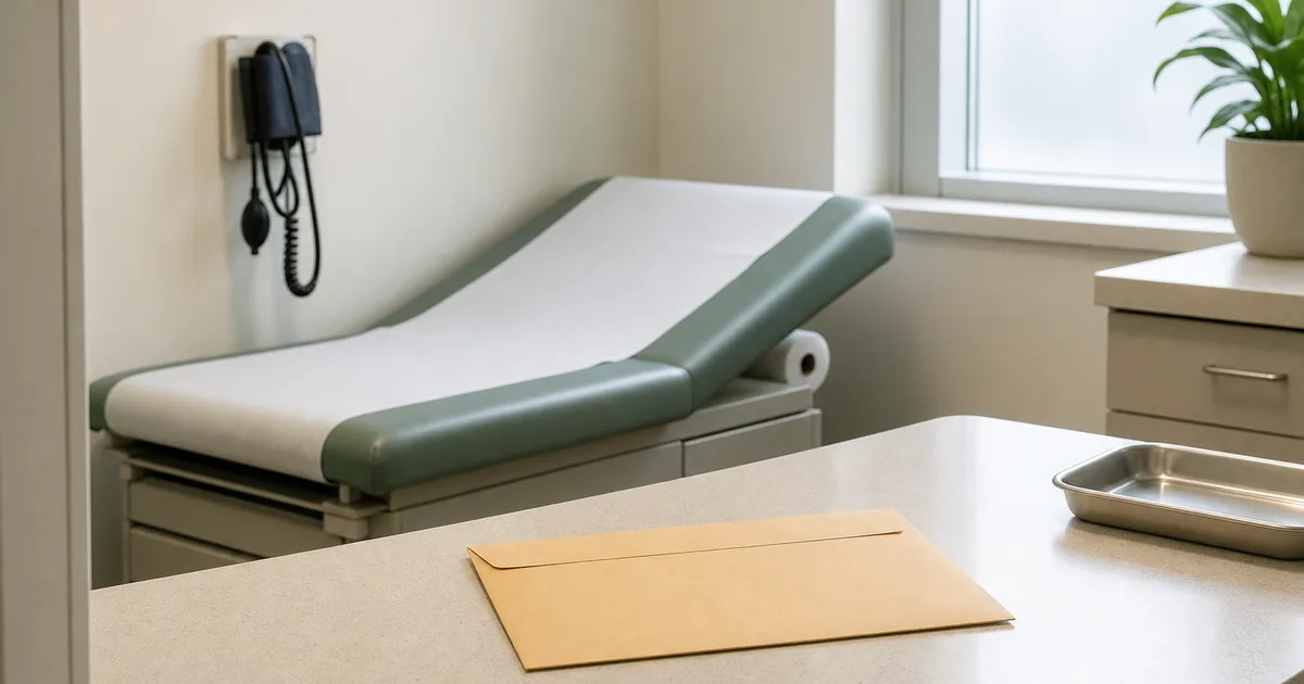 An empty medical consultation room with a neatly made exam table, a wall-mounted blood pressure cuff, and a sealed plain envelope on a clean counter