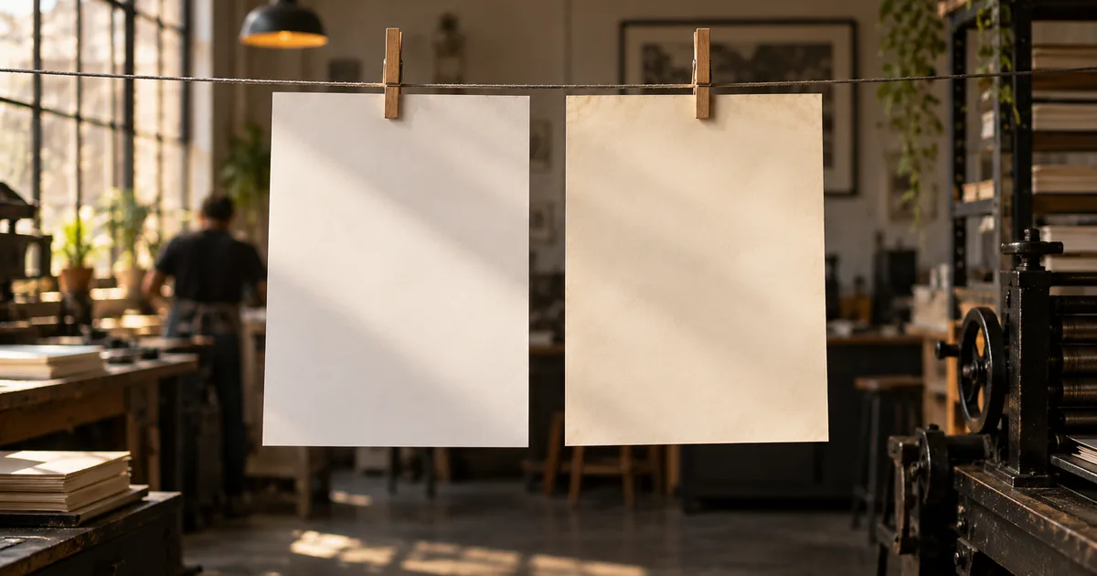 Two nearly identical blank-looking forms pinned side by side on a taut wire in a small print shop, one slightly yellowed, a wooden clothespin on each, soft