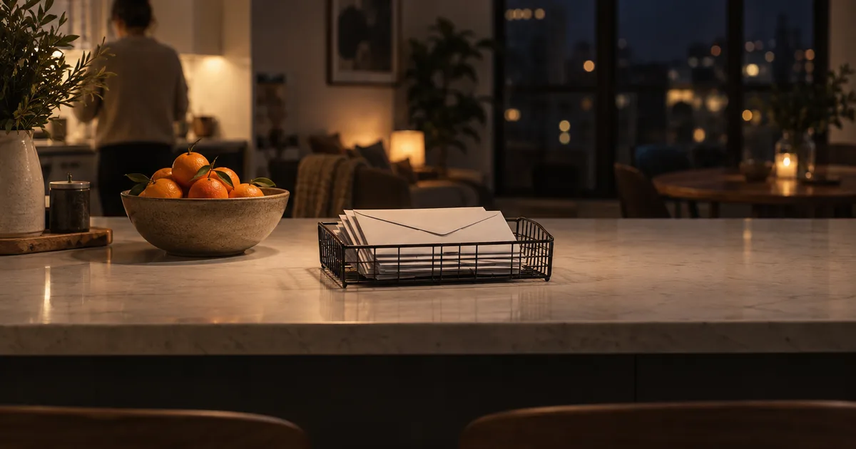 A small stack of sealed white envelopes in a wire letter tray on a shared apartment kitchen counter beside a bowl of clementines, late-night pendant light