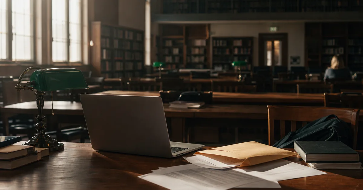 A focused student at a wooden desk surrounded by university documents, a laptop, and an open manila envelope in warm afternoon library light