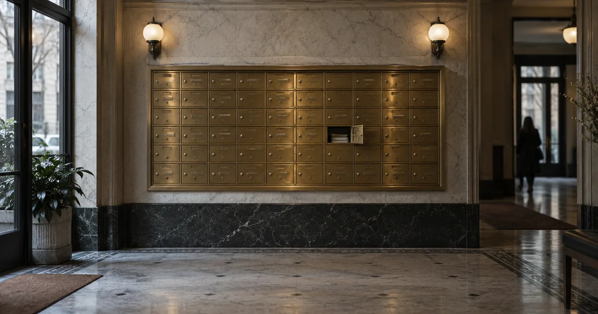 A wall of brass apartment mailboxes in a quiet building lobby with one small door ajar, overcast midday light across a tiled floor, a strong sense of waiting