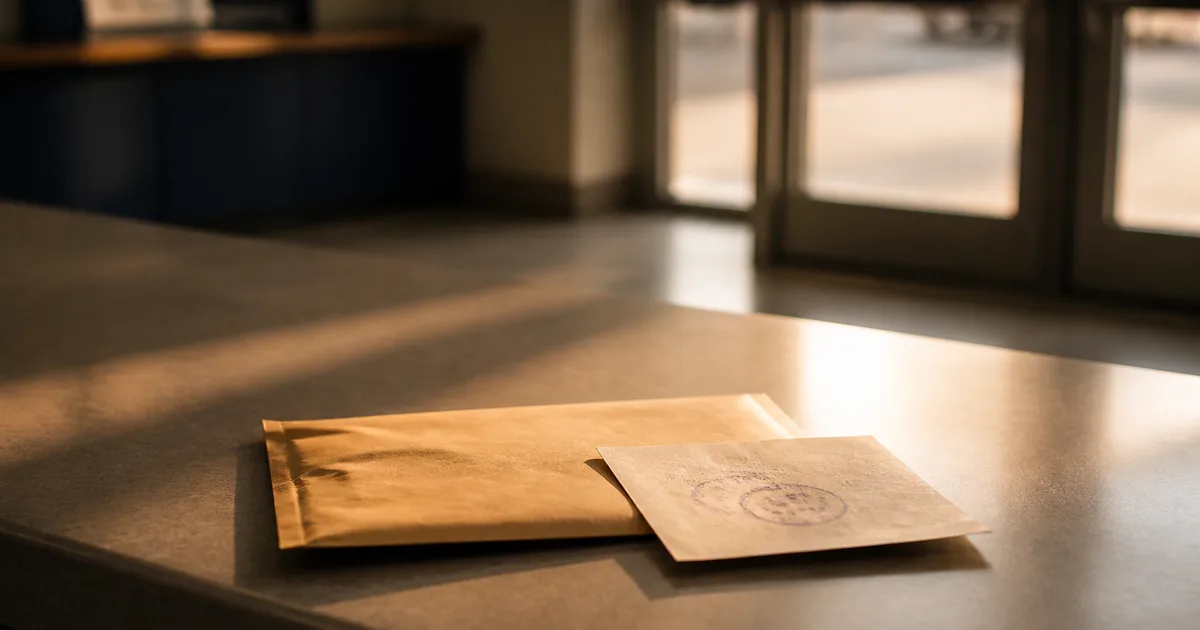 Close-up of hands placing an immigration petition into a courier envelope beside a laptop and calendar on an office desk