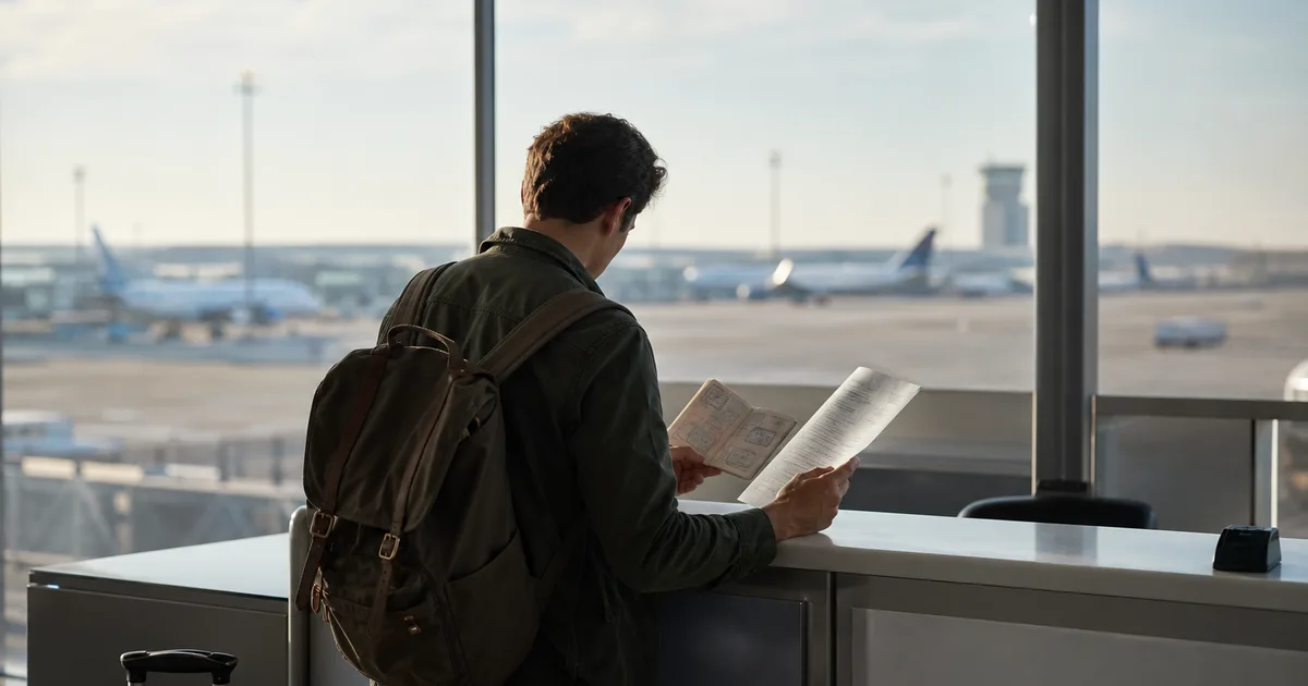 A traveler reviewing passport stamps and a printout at a clean airport arrivals desk with large windows showing a runway in daylight