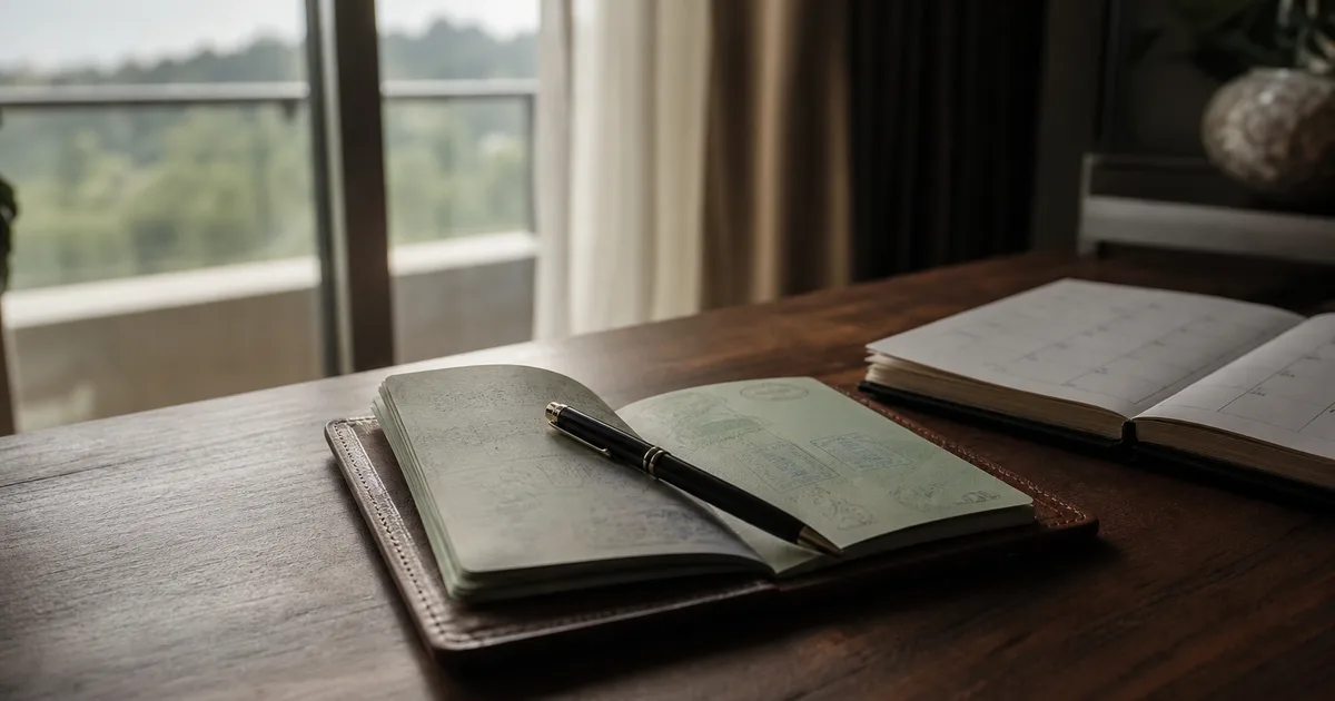 A passport lying open on a wooden desk next to a calendar, soft window light, a single pen resting across the open pages
