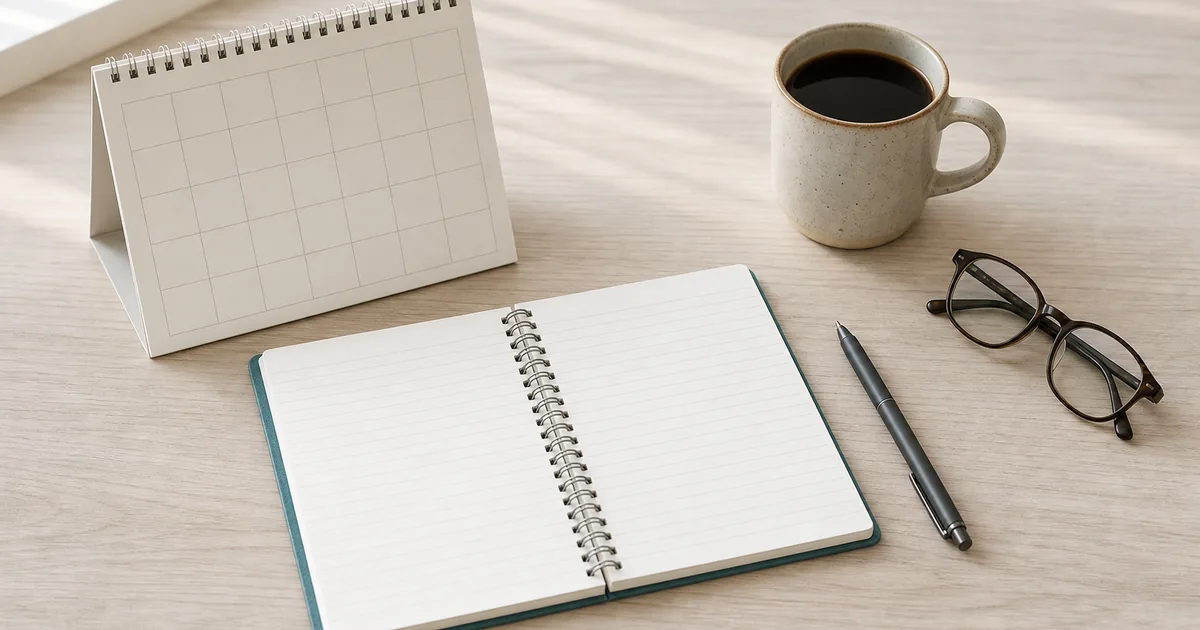 A desk calendar and a spiral notebook open beside a pen and a mug on a pale wooden surface in early morning light