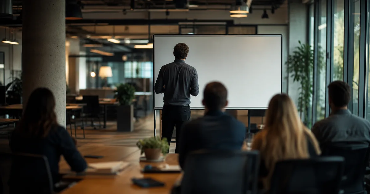 A person standing at a whiteboard in a modern open-plan office, team members seated around a table in front of them, warm overhead lighting