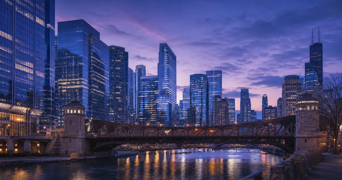 Chicago Loop skyline at dusk with the elevated train passing in front of glass-facade office towers along the riverfront
