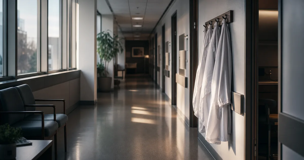 A quiet teaching-hospital hallway with white coats on a rack, tall windows letting in morning light, a row of empty consultation rooms