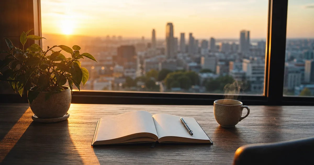 A calm desk by a large window at sunrise with a journal, a cup of tea and a plant, soft reassuring light, a sense of quiet confidence, no people