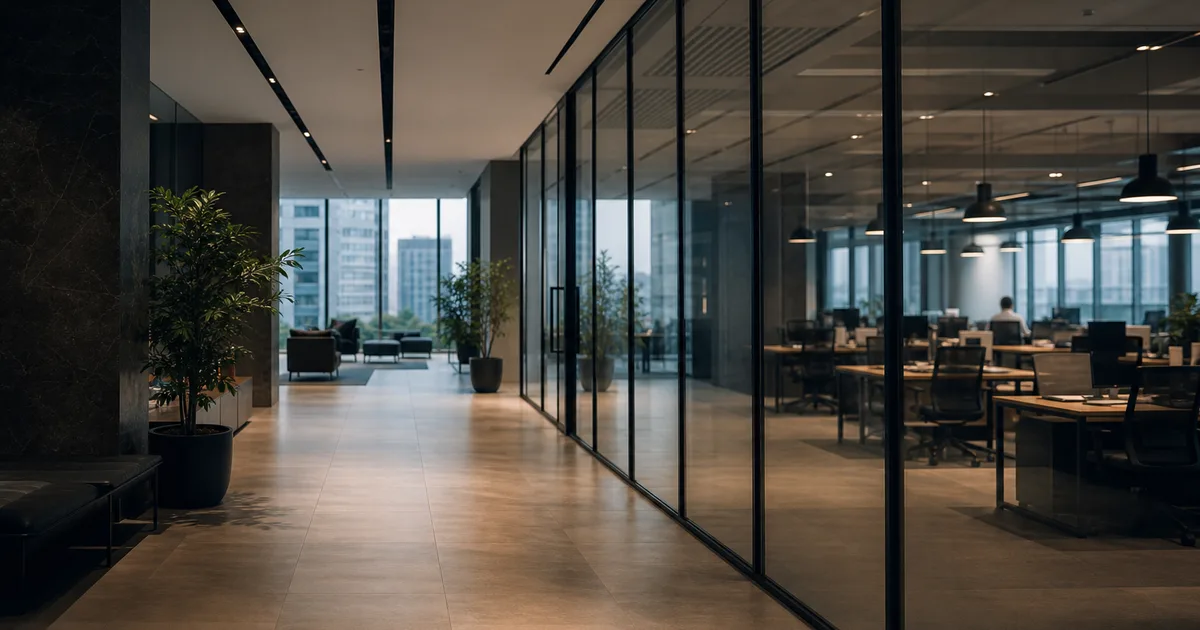 A formal office building lobby with large glass windows contrasted against a busy open-plan co-working space visible through a glass partition, photographed