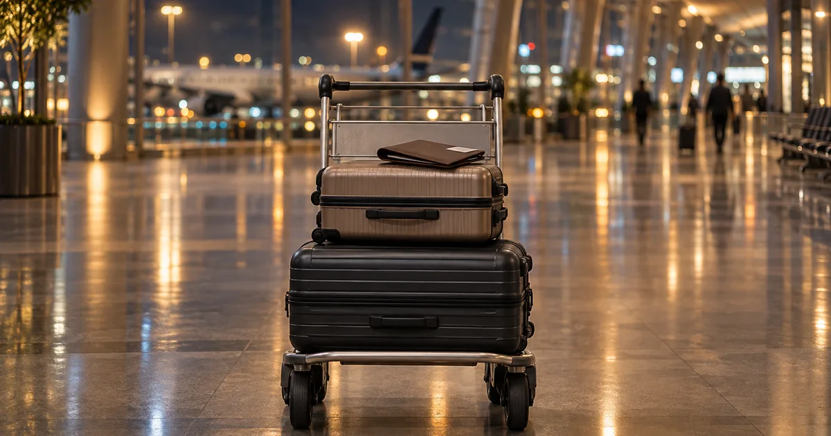 A late-night international departures hall, a single luggage trolley stacked with two suitcases and a folded document wallet, warm terminal lights reflecting