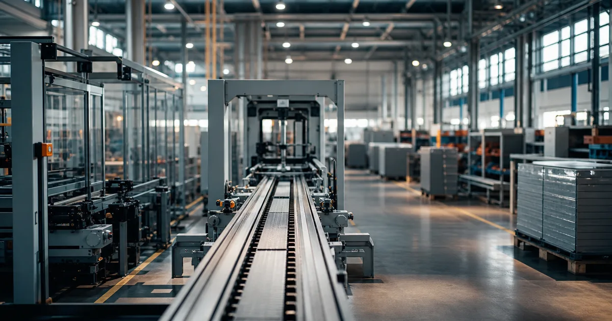 A modern manufacturing floor with organized assembly lines and machinery photographed in clean perspective, cool industrial light, no people