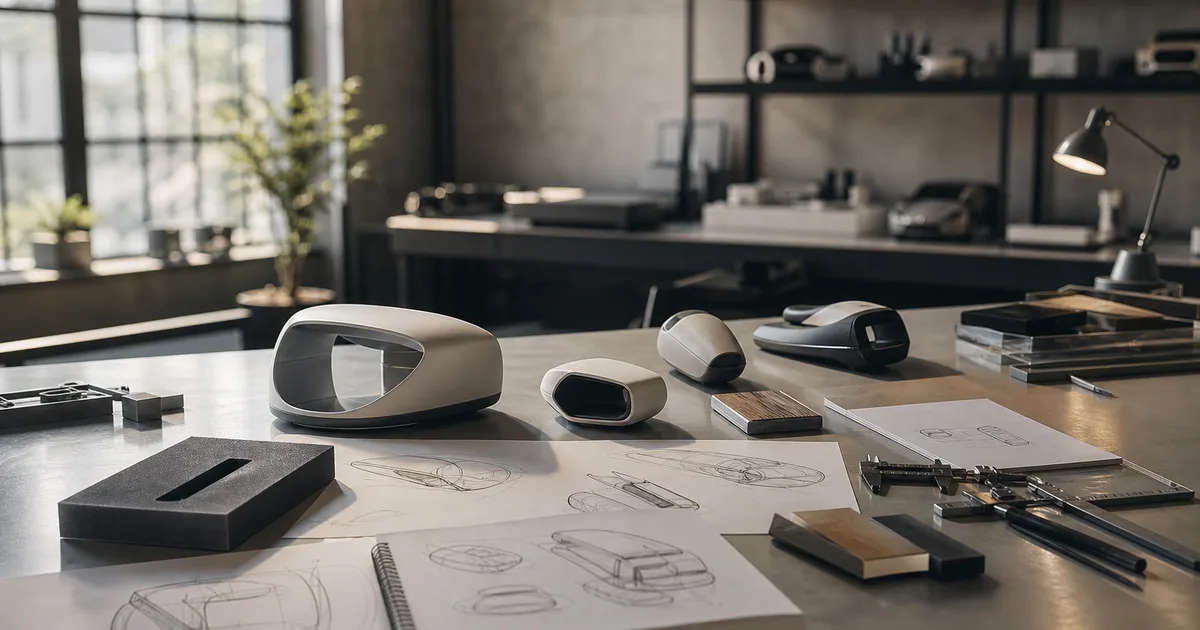 An industrial design studio with product prototypes, sketches and modeling tools on a clean workbench, bright focused light, no people