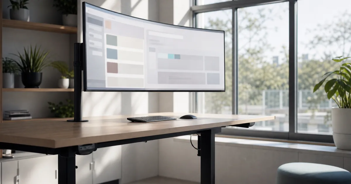 A learning designer working at a dual-monitor setup surrounded by sticky notes and a tablet with course wireframes in a bright open office