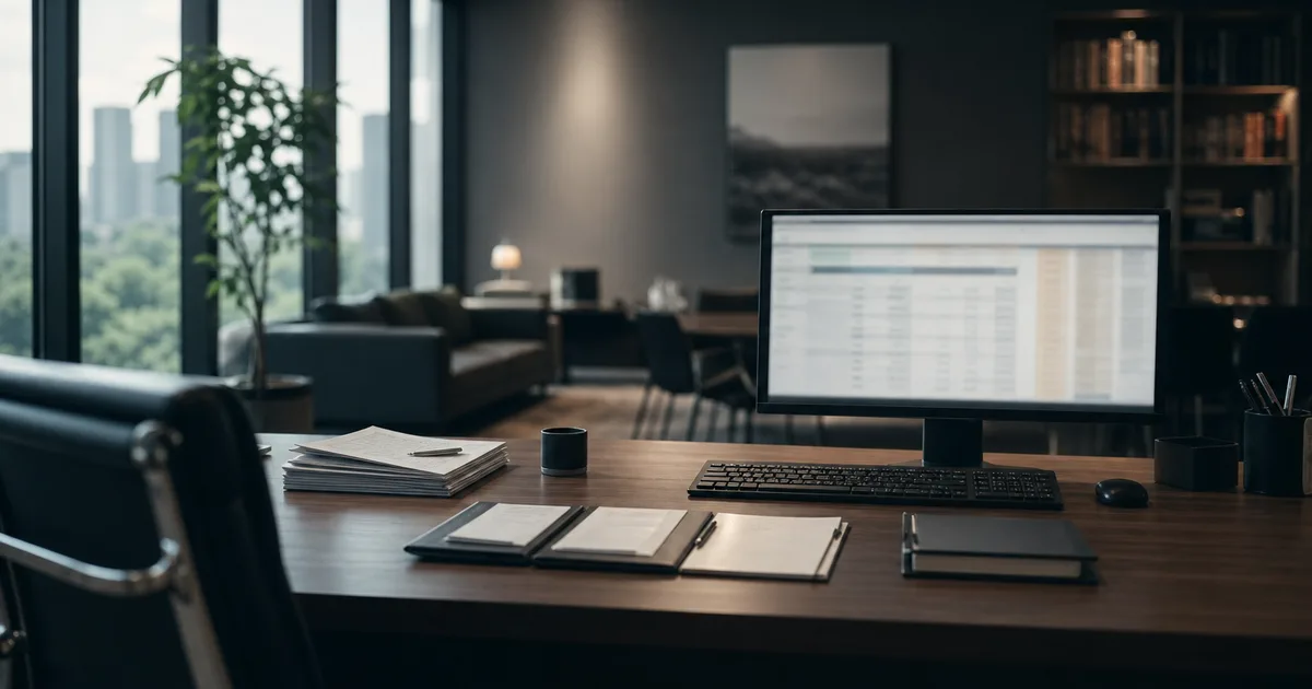 A corporate insurance office with an organized desk, documents and a monitor showing blurred risk tables, calm professional light