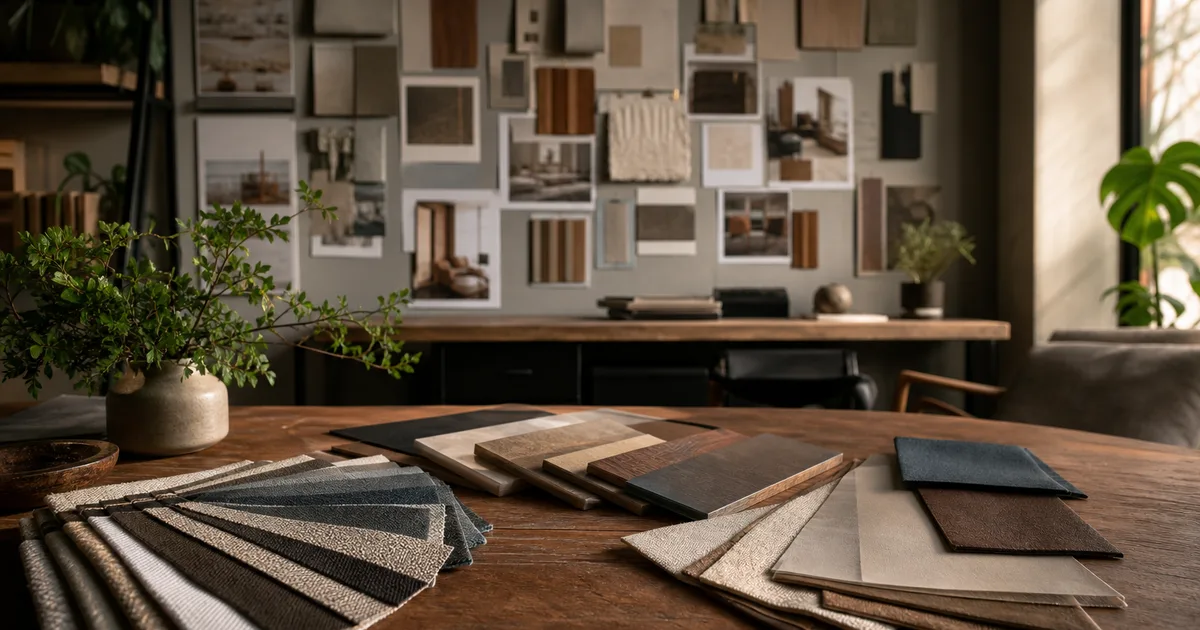 An interior design studio with material and fabric samples fanned on a table, mood boards on a wall, warm natural light, no people