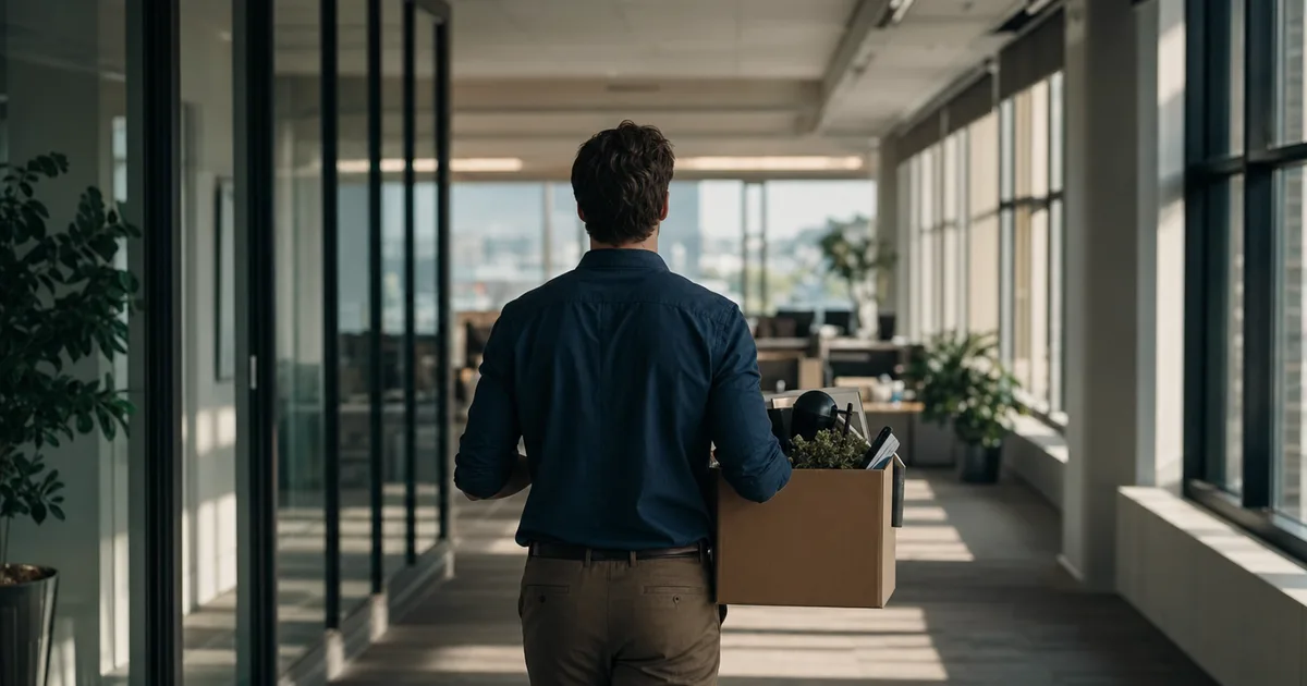 A person carrying a cardboard box of office belongings walking down a bright hallway toward a new workspace in a large corporate building