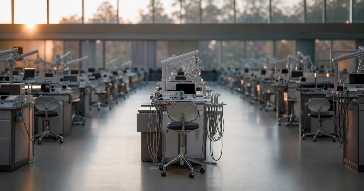 A dental student practices clinical technique on a training mannequin in a university dental simulation lab