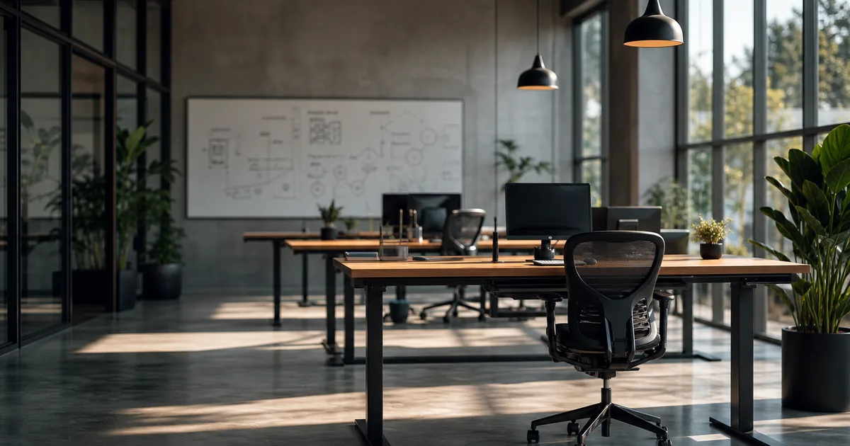 A glass-walled co-working space with natural light, rows of standing desks, and a whiteboard covered in strategy diagrams in the background