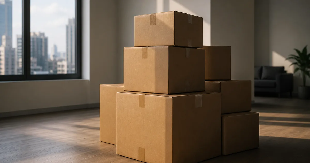 Cardboard moving boxes stacked in a sparsely furnished apartment near a window with city view, afternoon sunlight casting soft shadows