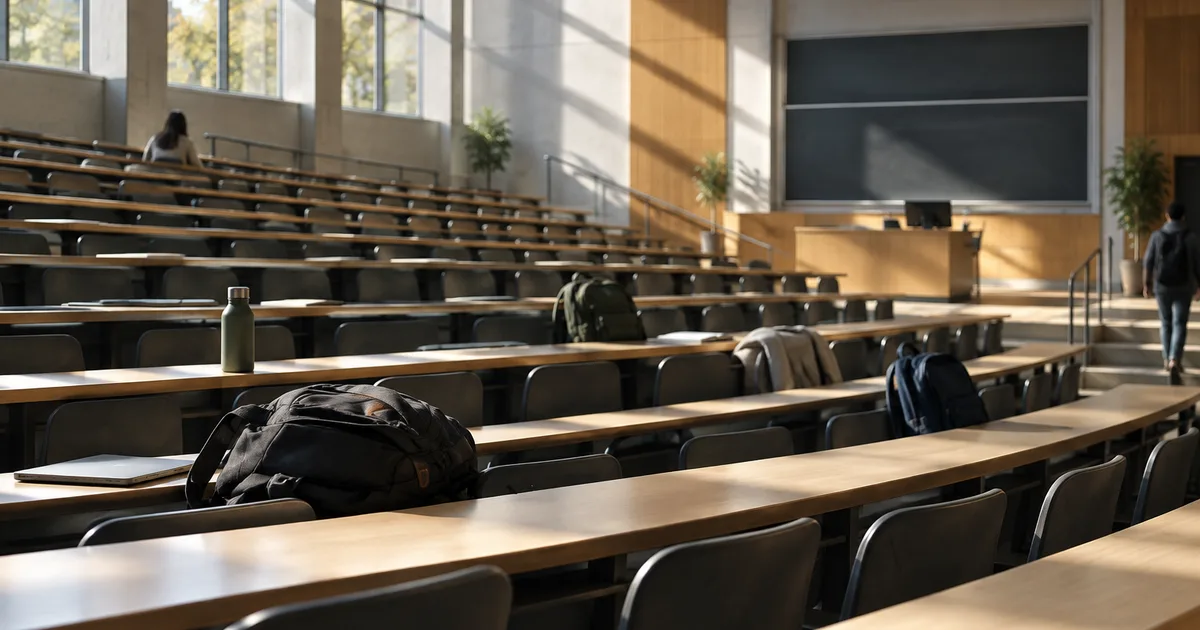 A tiered university lecture hall in mid-morning with most seats empty, a few backpacks left on desks and pale sunlight slanting across the rows from high