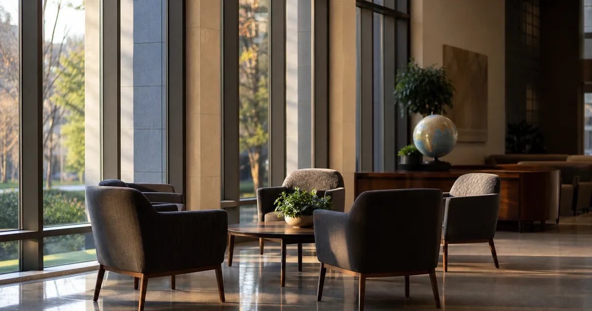 A campus international student center lobby in early morning, empty armchairs arranged around a low table and a globe on a side console, soft light falling
