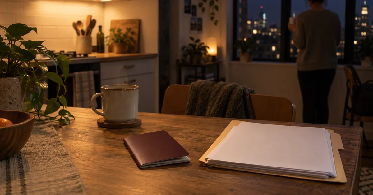 A kitchen table in a small student apartment at night, a passport and a stack of loan paperwork in a manila folder beside a cooling mug, warm under-cabinet