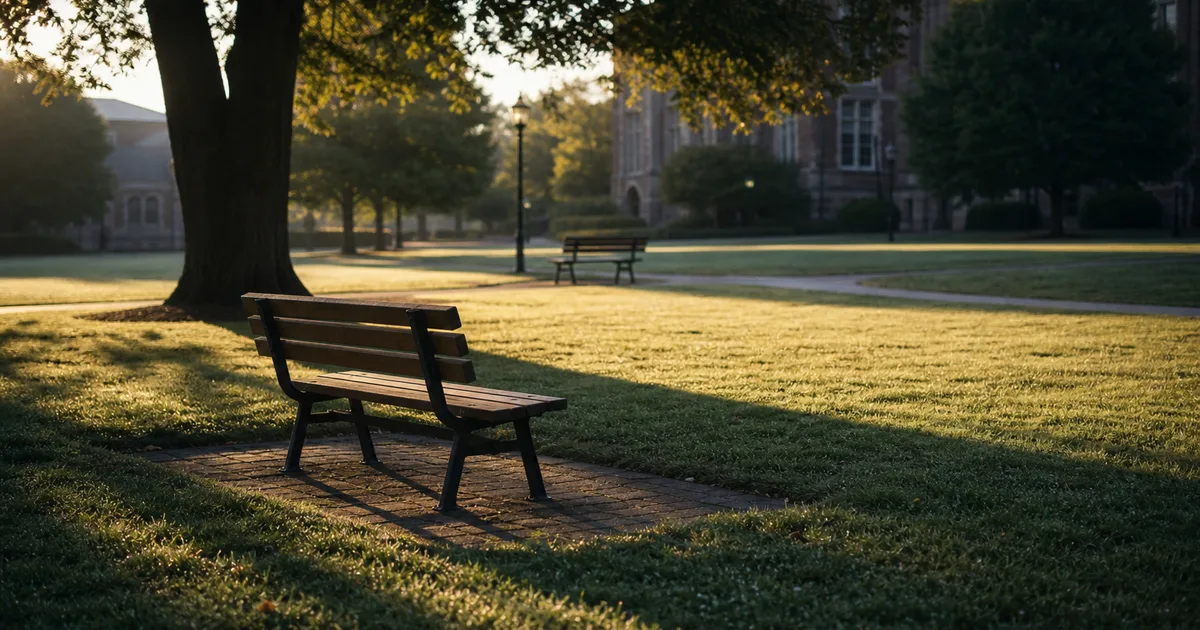 A university quad at early morning, dew on the grass and long shadows cast from empty benches