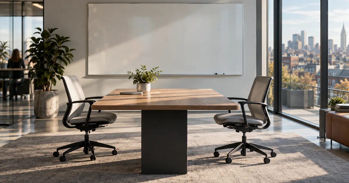 A modern interview room with a whiteboard wiped clean, two ergonomic chairs and a single marker on the ledge, bright north light and city rooftops through