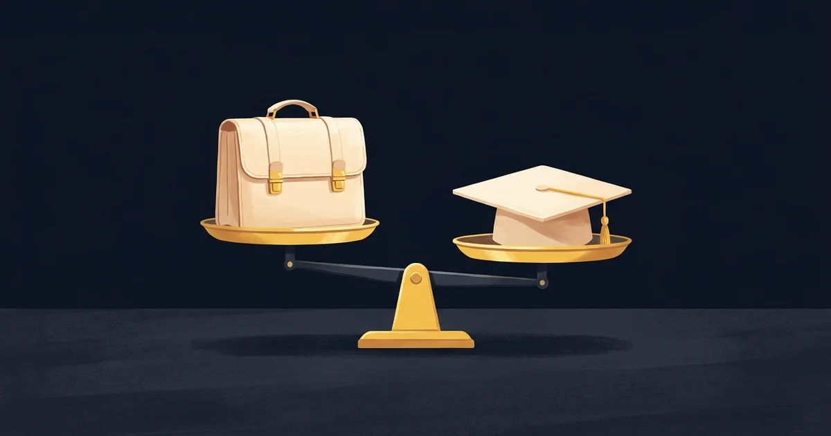 A balance scale on a navy surface with a stylized briefcase on one tray and a graduation cap on the other.