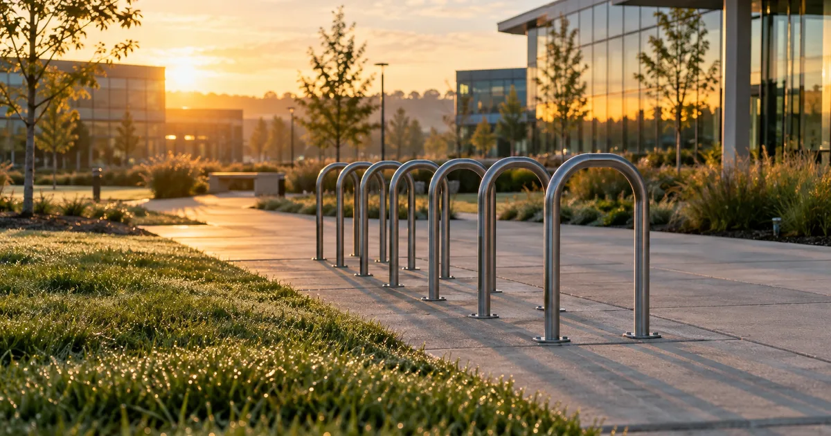 A row of empty bicycle racks outside a modern office campus at sunrise, dew on the grass and low glass buildings glowing gold