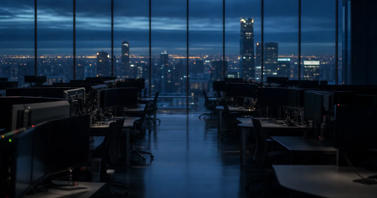 A software engineer at a standing desk in a modern open-plan financial district office with floor-to-ceiling windows overlooking a city skyline at dusk