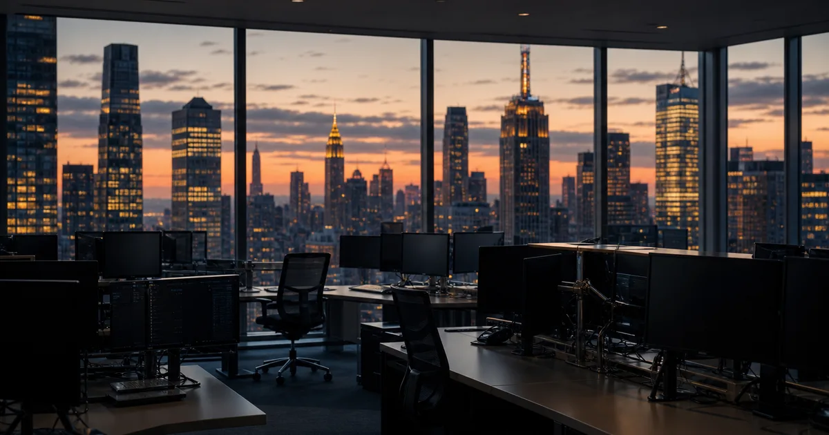 A high-rise Manhattan investment-bank office at dusk, dark trading-desk monitors, the city skyline glowing through floor-to-ceiling glass