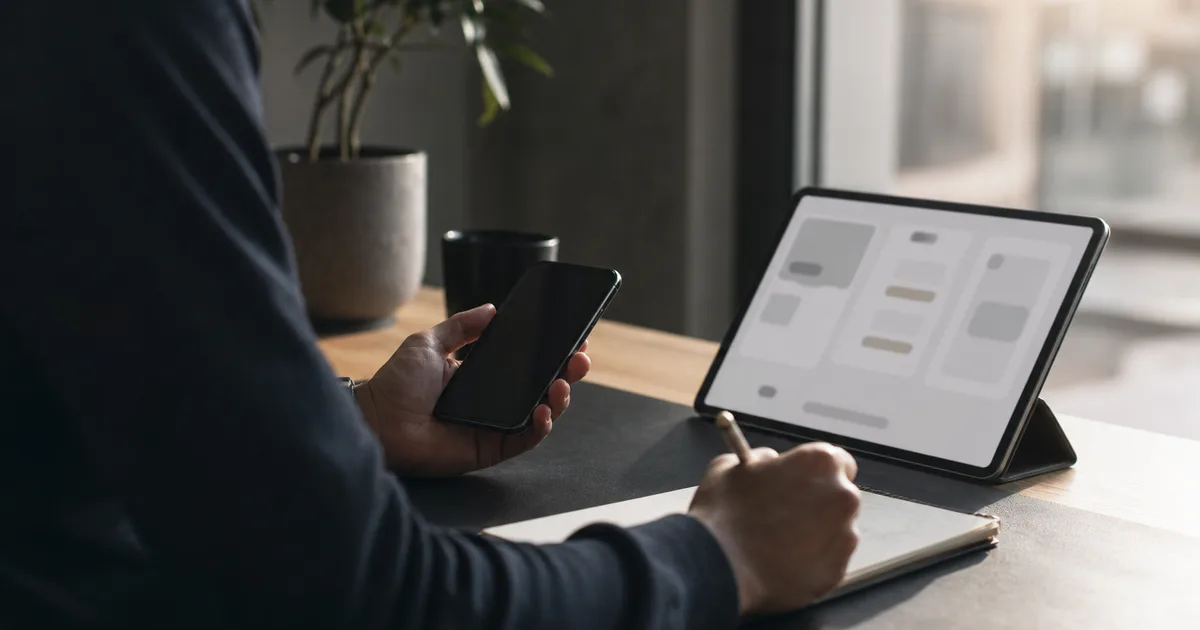 A developer holding a smartphone in one hand while writing on a notepad with the other at a minimalist desk, a tablet propped beside them showing an app