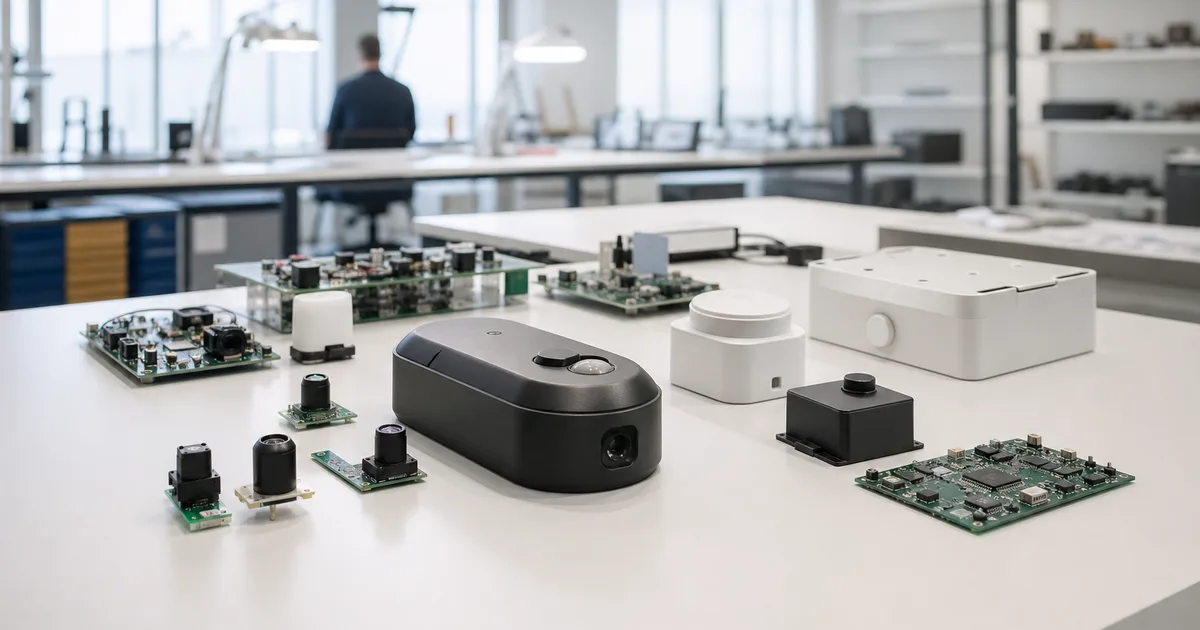 An engineer examining a circuit board covered in wireless sensor modules on a workbench in a modern hardware lab