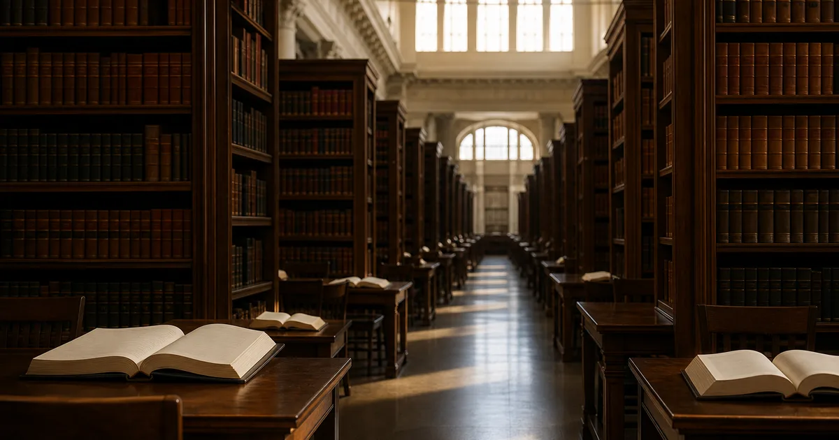 Graduate student reviewing documents at a university library desk with campus buildings visible through large windows