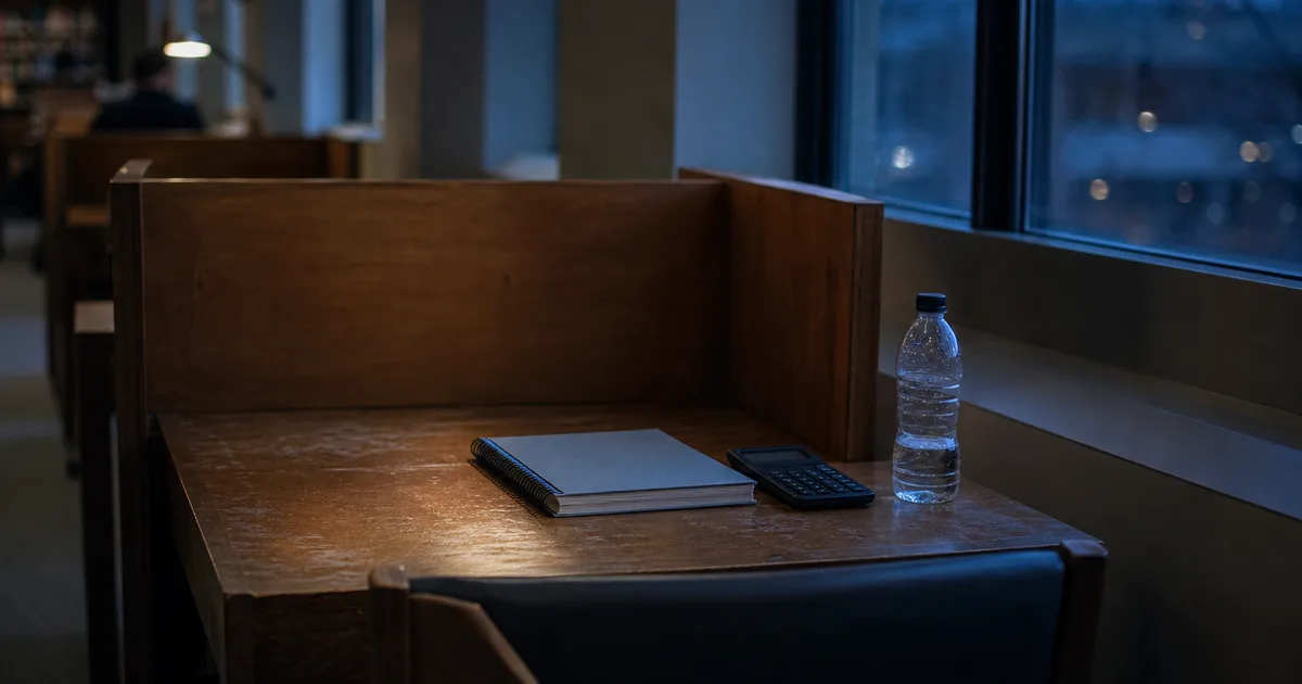 A quiet campus library study carrel at blue hour, a closed spiral notebook and a pocket calculator beside a half-empty water bottle, cool window light