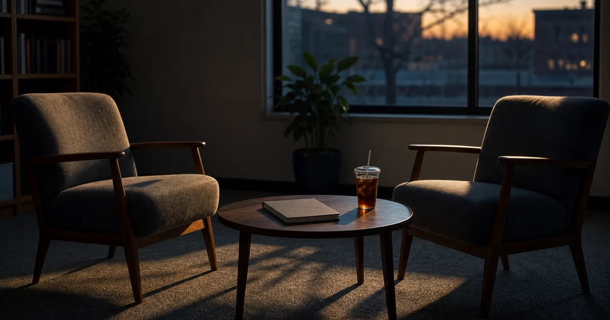 A university career-services office at dusk, two empty upholstered chairs angled toward a low table holding a closed notebook and a cold cup of tea, long