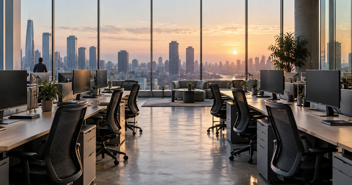 A quiet tech office floor at dawn, rows of empty workstations with chairs pushed in, pale light pouring through floor-to-ceiling windows over a city skyline