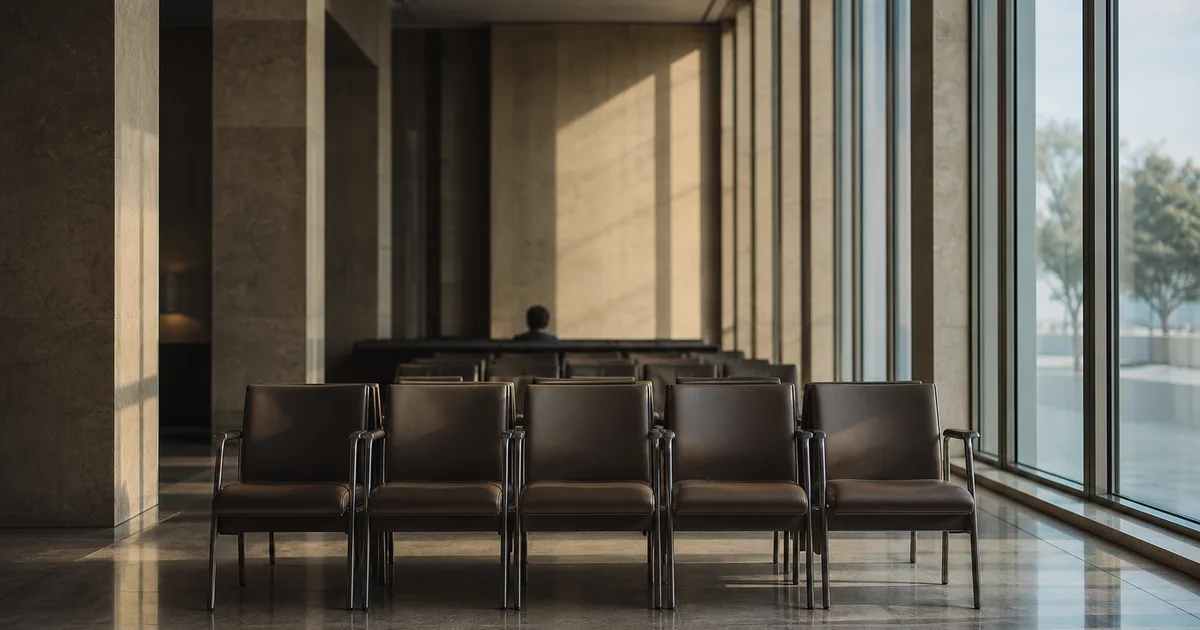 A quiet consulate waiting room at early morning, rows of empty chairs and soft light through tall windows
