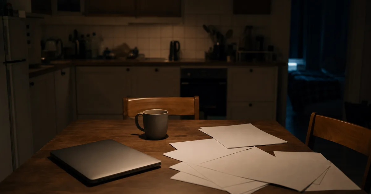A cluttered student apartment kitchen table late at night, a closed laptop beside a cold mug and a scattered stack of unmarked printed pages, a single