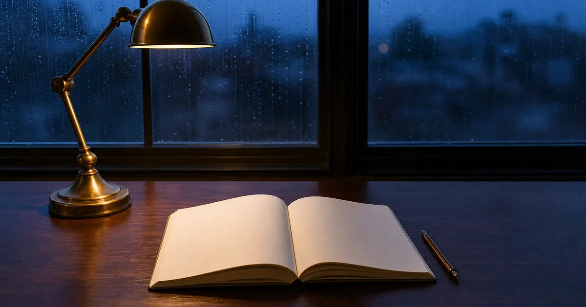 A quiet home office at blue hour, an open ledger notebook and a mechanical pencil beside a brass desk lamp, rain-streaked window behind the desk
